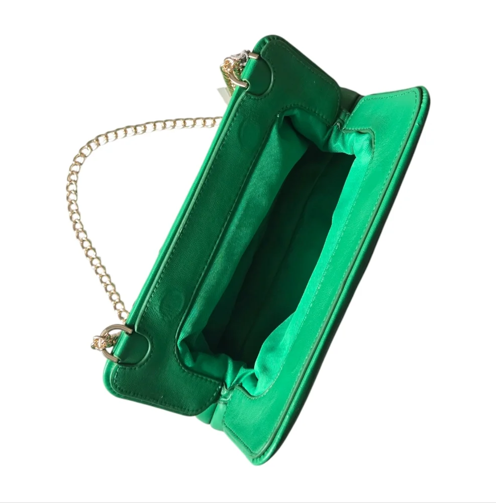 New Puff Clutch Vibrant Green Faux Leather - Sleek Gold Chain Strap Shoulder Bag